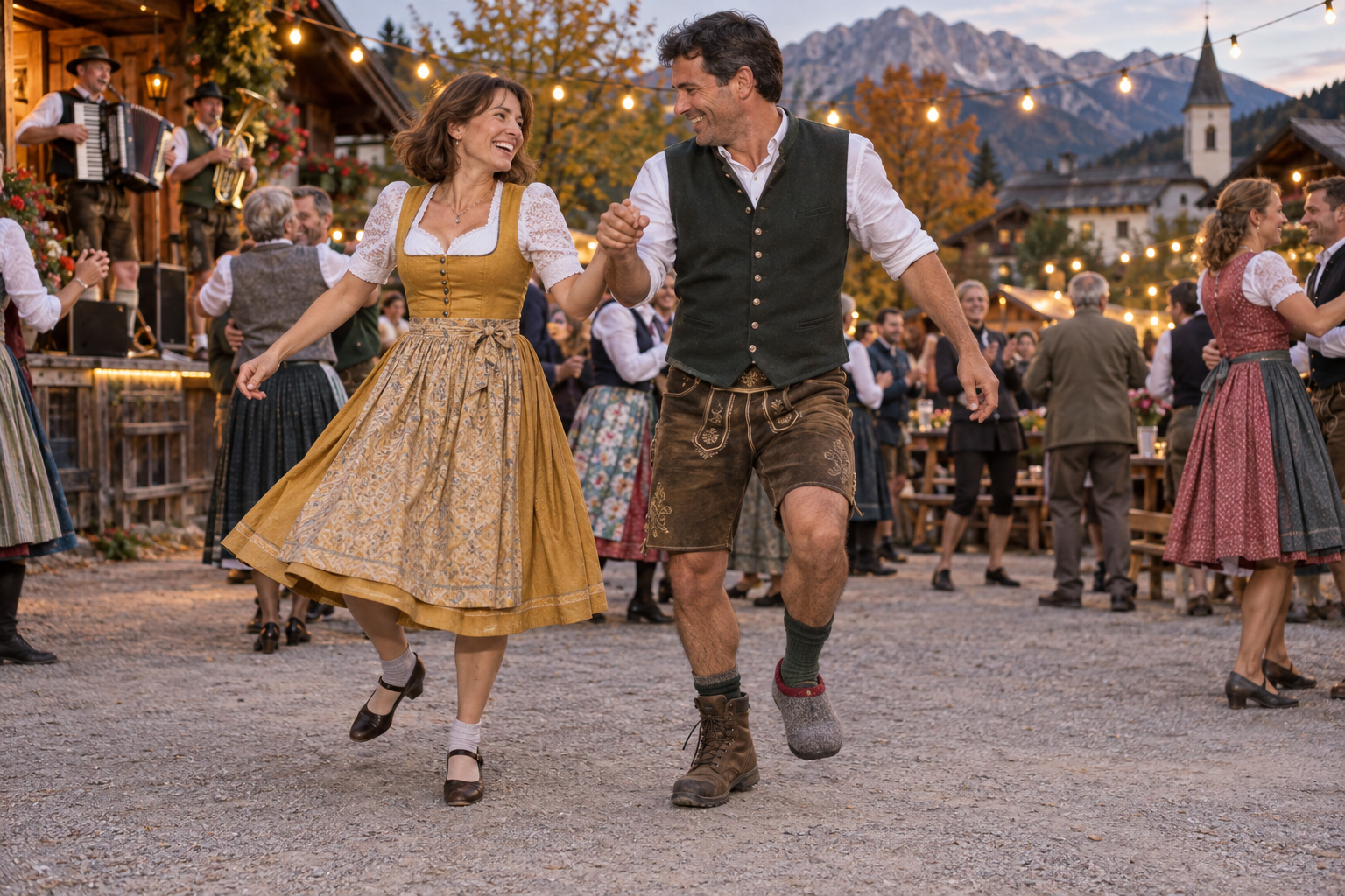 Marlene im gelben Dirndl tanzt mit Sepp, der einen Bergschuh und einen Filzpatschen trägt, beim herbstlichen Dorffest.