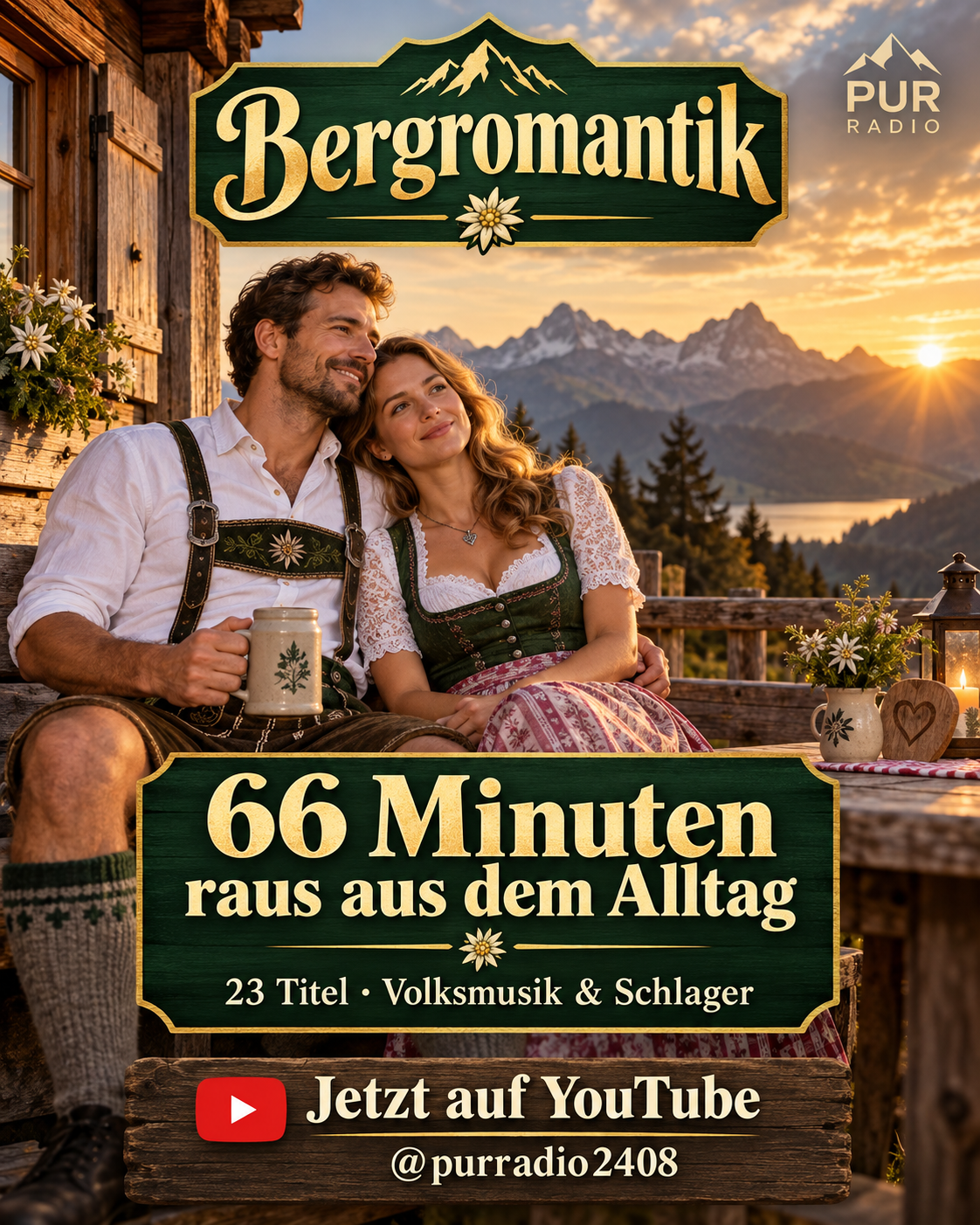 Bergromantik: Ein Paar auf einer Hüttenbank im Abendlicht. 66 Minuten raus aus dem Alltag, 23 Titel Volksmusik und Schlager von Pur Radio.