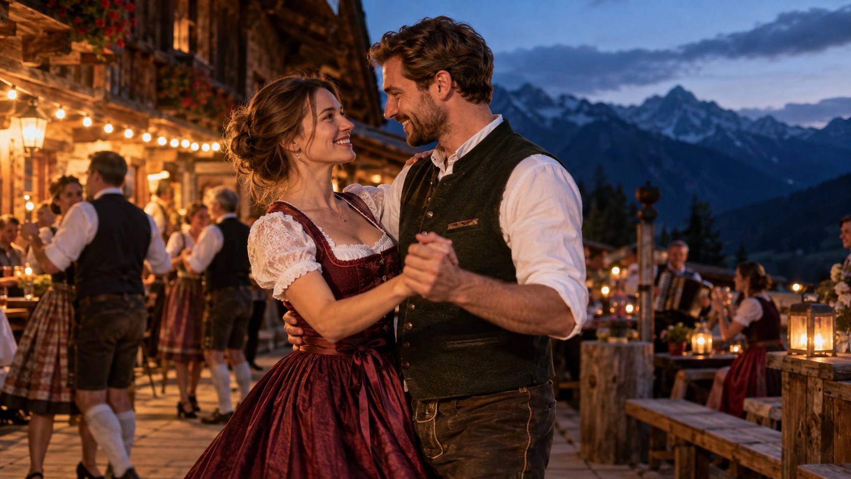 Anna und Lukas tanzen bei einem abendlichen Hüttenfest in Tracht.