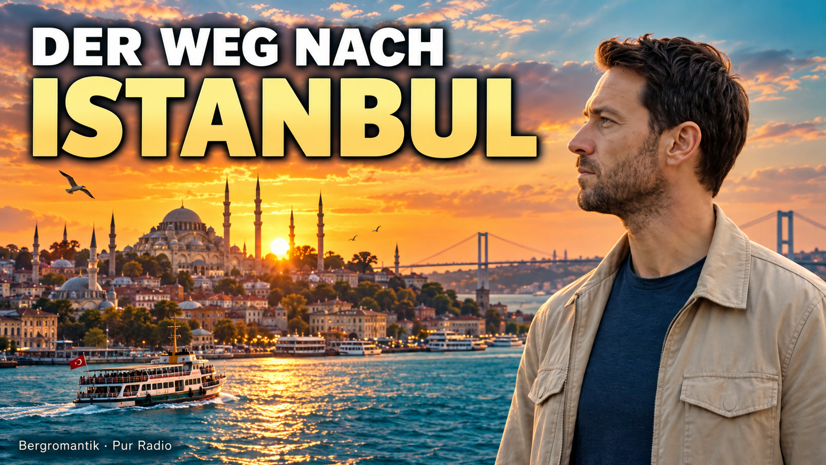 Ein Reisender vor der abendlichen Silhouette von Istanbul und dem Wasser, Vorschaubild zum Schlager Der Weg nach Istanbul.