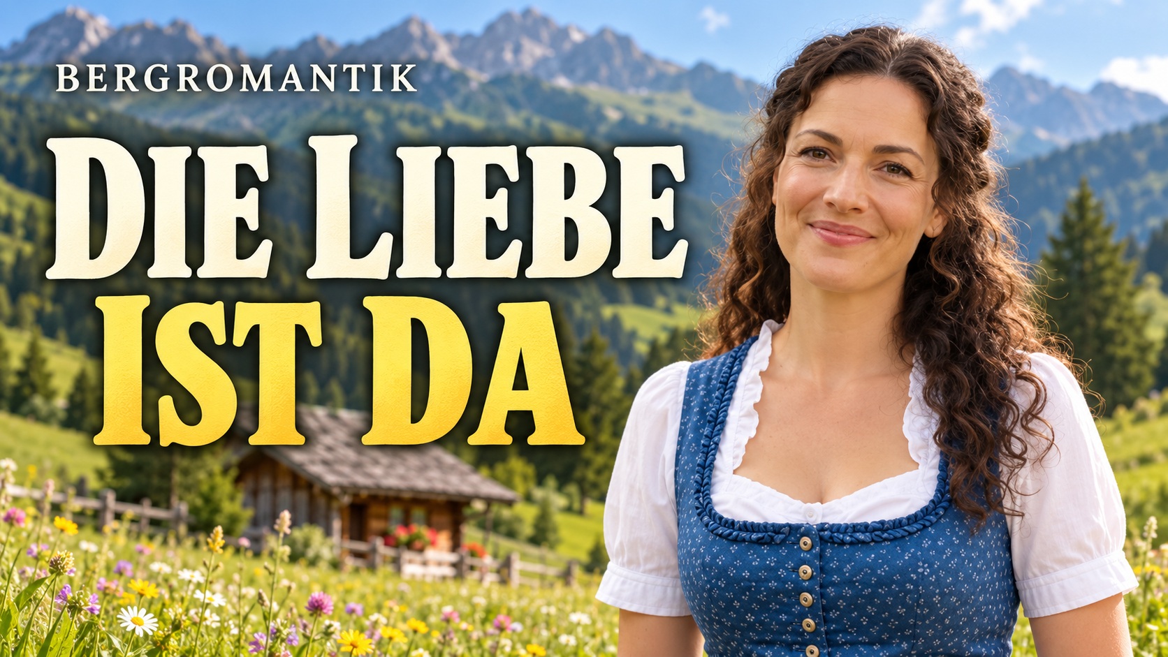 Die dunkelhaarige Frau im blauen Dirndl vor einer blühenden Almwiese und einer Holzhütte, Vorschaubild zum Lied Die Liebe ist da.