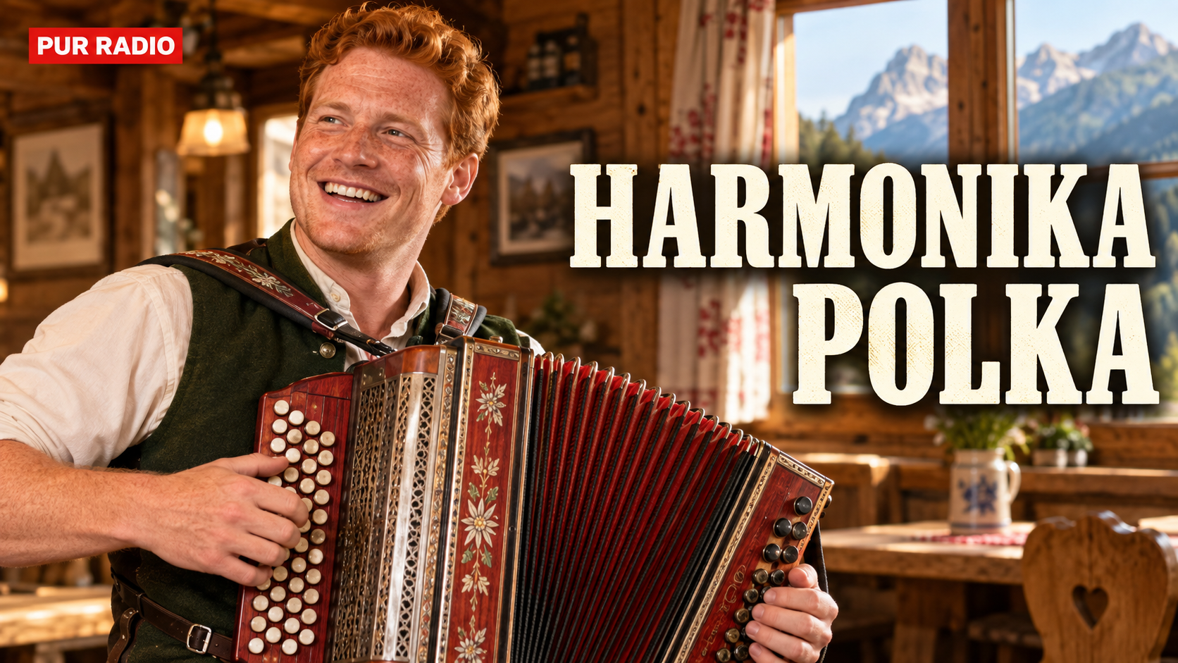 Vorhandenes Pur-Radio-Vorschaubild: Ein lachender Musikant spielt Harmonika in einer Holzstube mit Bergblick.