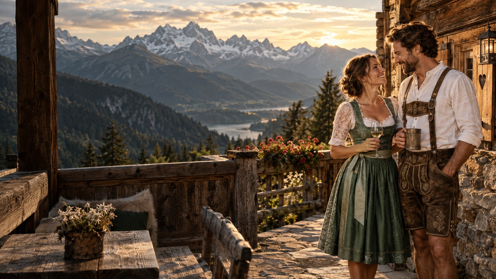 Ein charmantes Paar in Tracht auf der Terrasse einer rustikalen Tiroler Berghütte