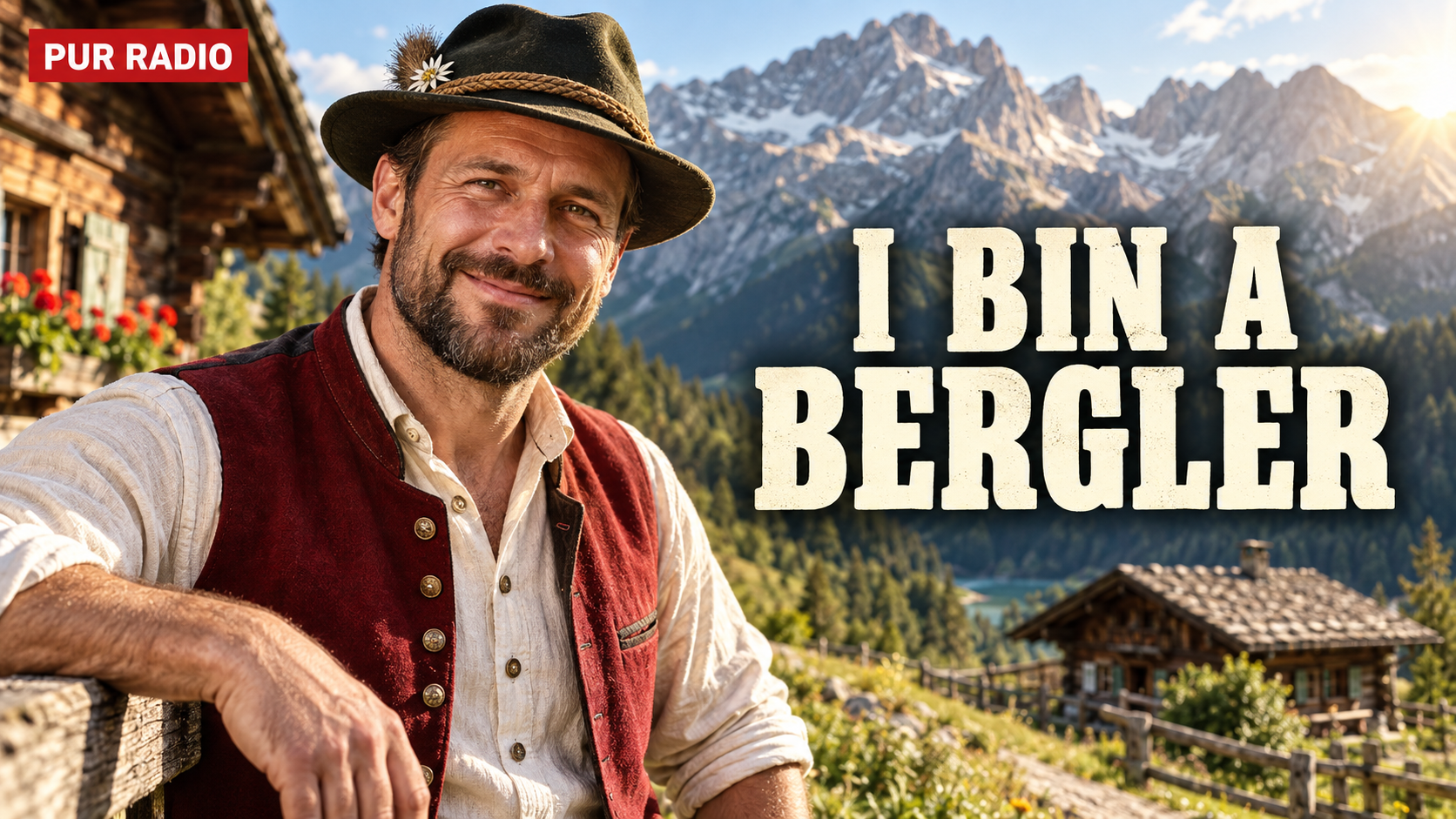 Vorhandenes Pur-Radio-Vorschaubild: Ein Mann mit Hut und roter Weste vor einer Berghütte und felsigen Gipfeln.