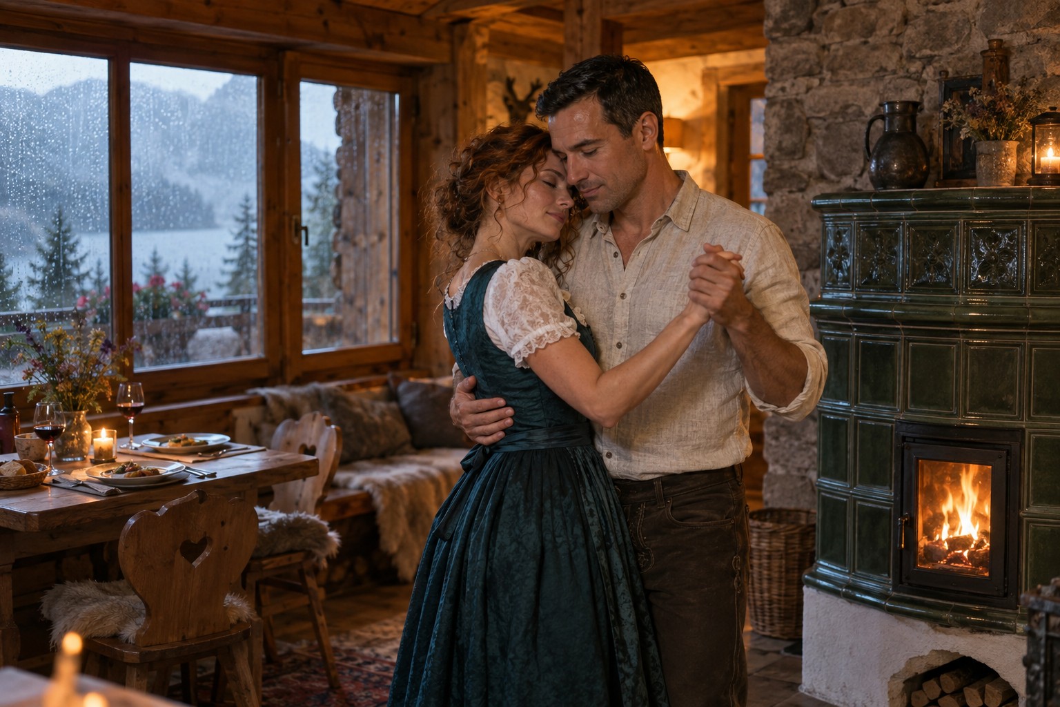 Eine rothaarige Frau im Dirndl und ihr dunkelhaariger Partner tanzen in einer warmen Stube, während es draußen regnet.