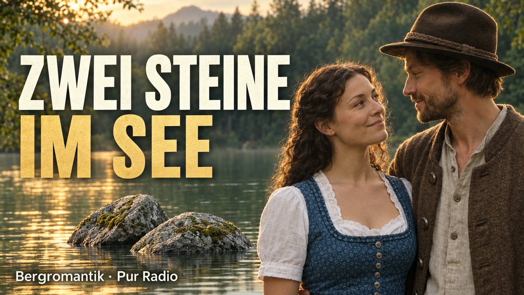 Ein junges Paar in historischer Kleidung am Waldsee mit zwei Steinen im Wasser, künstlerisches Vorschaubild zum Lied Zwei Steine im See.